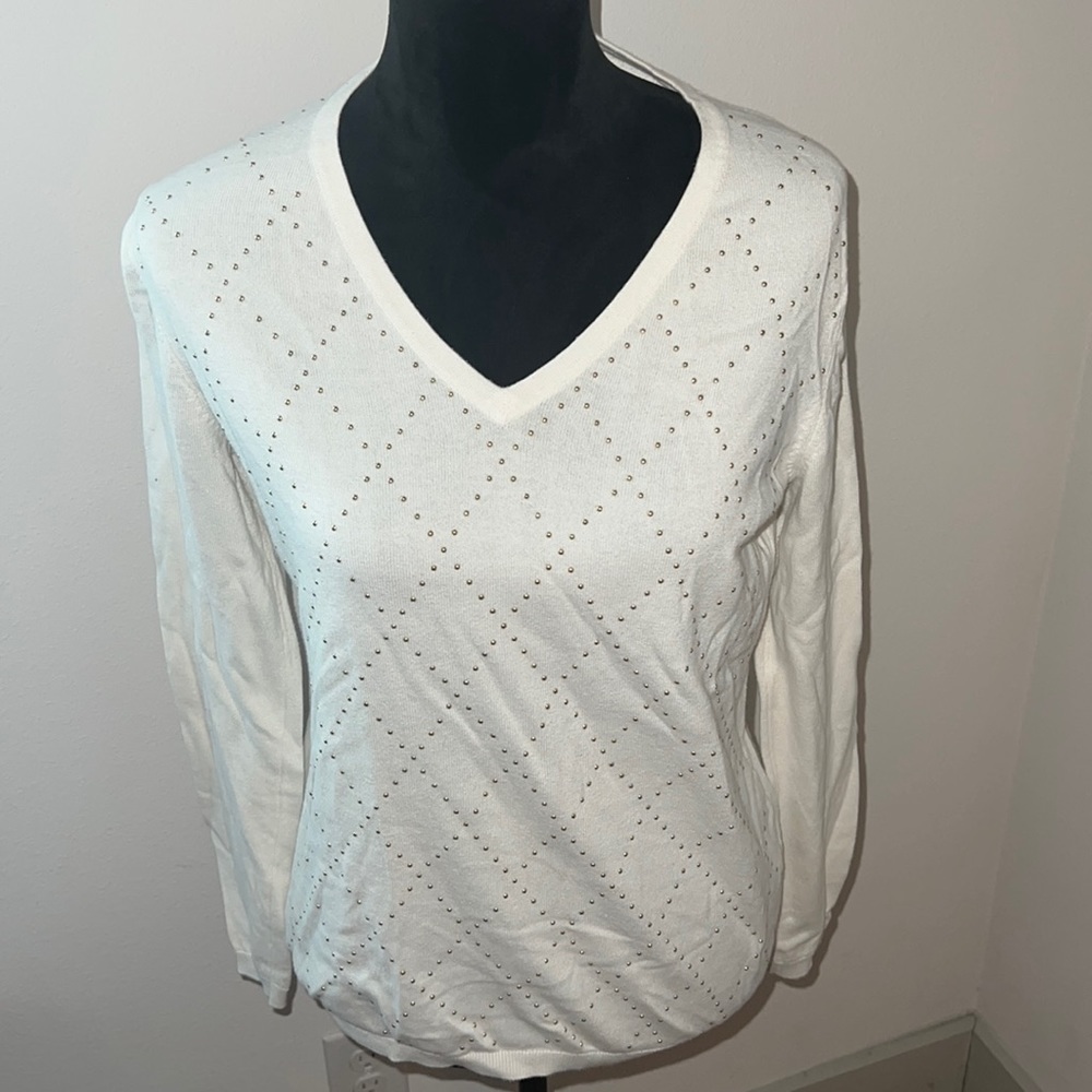 Tommy Hilfiger cotton gold tone beaded long sleeves V-neck ivory sweater Sz M